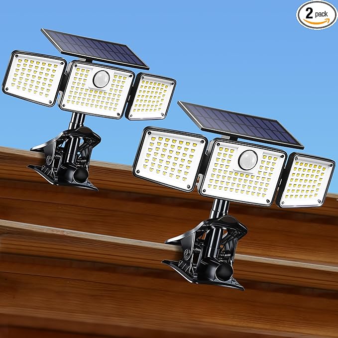 Clip on Solar Lights, 1500LM Motion Sensor Security Lights with Remote Control, 270°Wide Angle Solar Flood Light, 3 Heads High Bright Solar Lights Outdoor Waterproof for Fence Gutter Yard（2Pack)