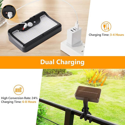 Solar Motion Lights Outdoor with Flexible Octopus Tripod, USB & Solar Powered Motion Sensor Lights with 92 LEDs(600LM,3000K), IP65 Waterproof Motion Activated Light for Fence, Camping, Gutter(2 Pack)
