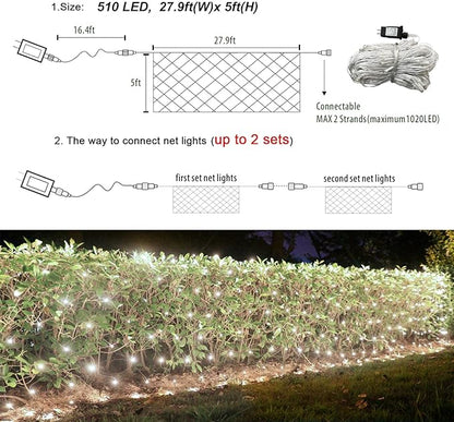 Lovelite 510 LED Christmas Net Lights, 28ft x 5ft Mesh Lights Outdoor Clear Wire 8 Modes, Waterproof Connectable String Lights Plug in for Xmas Tree Bushes Garden Holiday Party Decorations - White
