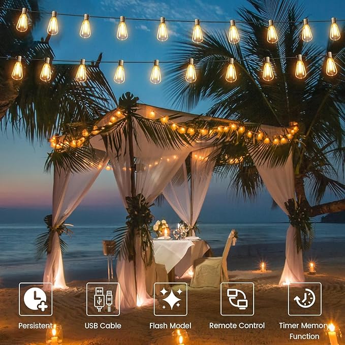 OHLUX 120FT Solar String Lights Outdoor with Remote, 2200K Soft Warm Patio Lights with 52 Shatterproof ST38 Tear-Drop LED Filament Bulbs, Dimmable Outside Edison Hanging Light for Backyard Deck Roof