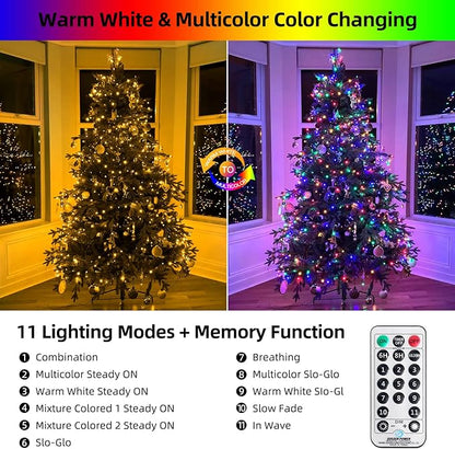 170FT 500 LED Christmas Lights Outdoor Indoor, Waterproof Color Changing Christmas Tree Lights with Timer, Memory (Warm White+Mulitcolor)