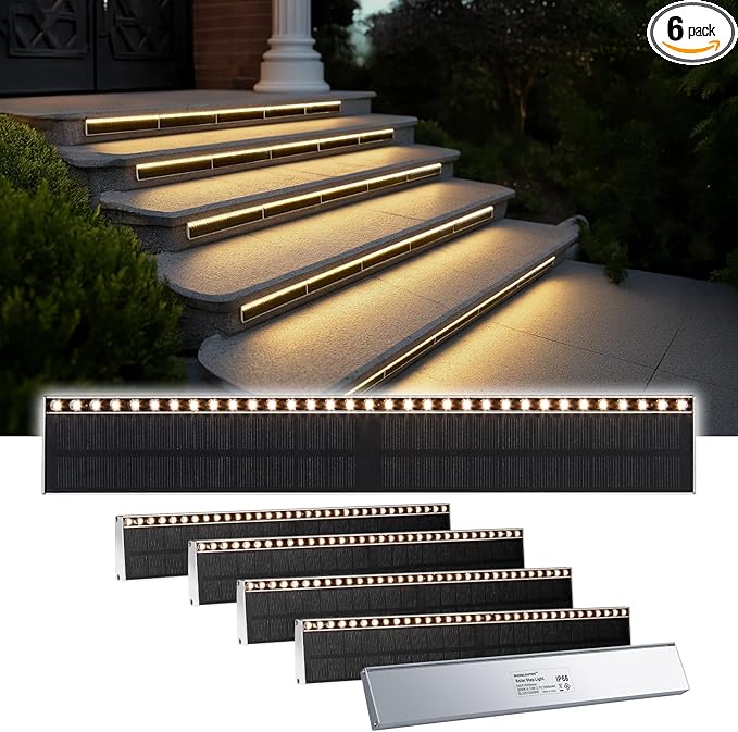 Solar Step Lights for Outside, 33 Focused-Beam High-Brightness LEDs, Waterproof Aluminum Outdoor Stair Light for Risers, Curbsides, Poolsides, Planter Edges (Warm White, 6Pack)