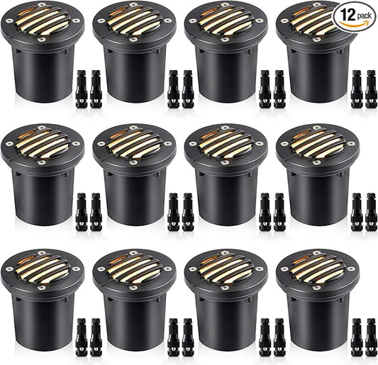 SUNVIE 12W Low Voltage Landscape Lighting with Connectors 1200LM Ultra Bright Well Lights Landscape LED In Ground Waterproof Outdoor Warm White Paver Lights for Garden Yard Driveway 12 Pack