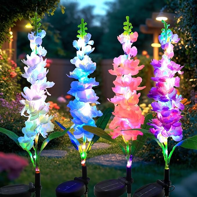 Solar Garden Lights Solar Delphinium Flowers Lights 4 Pack Waterproof Outdoor Light for Outside Wedding Party Garden Yard Patio Lawn Decor 4 Colors Combo