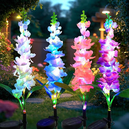 Solar Garden Lights Solar Delphinium Flowers Lights 4 Pack Waterproof Outdoor Light for Outside Wedding Party Garden Yard Patio Lawn Decor 4 Colors Combo