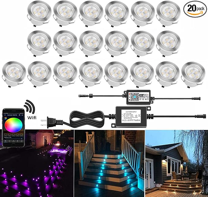 Smart LED Deck Lights Kit WiFi Controlled Color Changeable,Φ1.38“Outdoor IP67 Waterproof Low Voltage Step Lights In-Ground Lighting,Works with Samrt Phone,Alexa, Google Home(Silver Border,20pack)