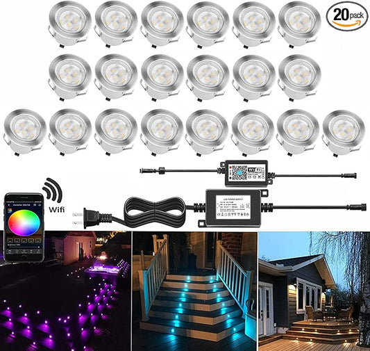 Smart LED Deck Lights Kit WiFi Controlled Color Changeable,Φ1.38“Outdoor IP67 Waterproof Low Voltage Step Lights In-Ground Lighting,Works with Samrt Phone,Alexa, Google Home(Silver Border,20pack)