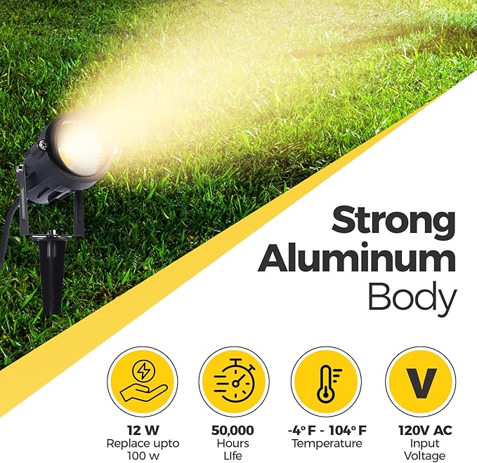 Outdoor Landscape Lighting 10W,120V AC,Warm White Waterproof LED Landscape Lights for Yard,Patio,Lawn, Wall, Flood,Driveway,Tree Lighting,Metal Ground Stake (2 Packs)