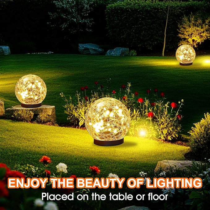 Solar Globes Outdoor Waterproof, 4.88''Cracked Glass Solar Lights Outdoor Bright Up to 14H,IP65 Waterproof Globe Light for Walkway,Patio,Landscape,Path,Garden Warm White (2)