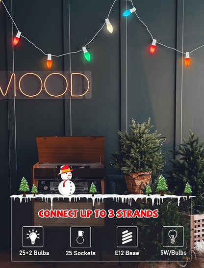 C7 Christmas Lights Outdoor, 25Ft Vintage Christmas String Lights with 27 Multicolor Ceramic Bulbs, Hanging Christmas Decorations Lights for Xmas Tree Roofline House Garden Patio Yard-White