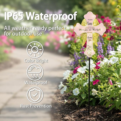 Solar Cross Lights with Angel Wings, Pink and Gold Memorial Grave Decorations, When You See This Light Remember I Love You Sentiment, Cemetery Tombstone Garden Stake with Ground Stake