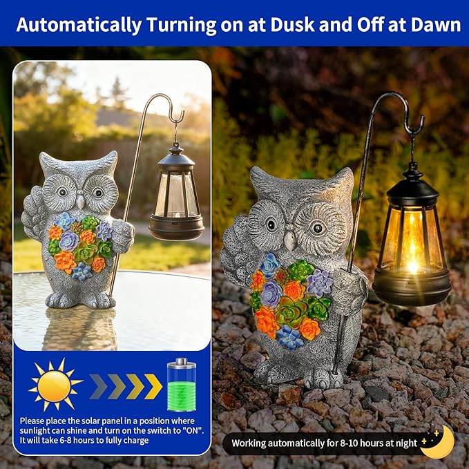 Solar Owl Garden Statue with Succulent Decor & Hanging Lantern – Outdoor Resin Decor for Patio, Yard, Balcony – | Lumora