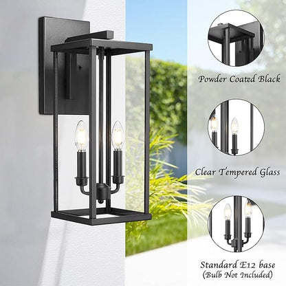 Bestshared Outdoor Wall Light, 20 Inch Modern Exterior Wall Sconce with Clear Glass, Weather Resistant Outside Lights for House, Black Hardwired Outdoor Lights for Front Porch, Patio,Entryway(2 Pack)