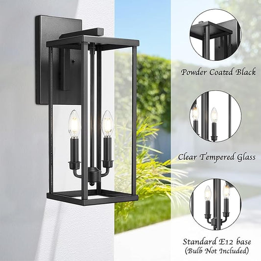 Bestshared Outdoor Wall Light, 20 Inch Modern Exterior Wall Sconce with Clear Glass, Weather Resistant Outside Lights for House, Black Hardwired Outdoor Lights for Front Porch, Patio,Entryway(2 Pack)