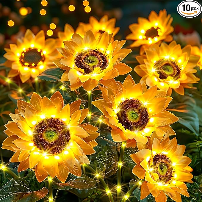 Solar Flowers Outdoor Waterproof: Gifts for Mom Mothers Day - 10Pack Sunflower with 30 Vivid Large Flowers - 800mAh Battery for 12H Runtime - IP65 Auto On/Off Solar Garden Lights for Patio Yard