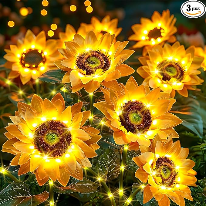 Solar Flowers Outdoor Waterproof: Gifts for Mom Mothers Day - 3 Pack Sunflower with 9 Vivid Large Flowers - 800mAh Battery for 12H Runtime - IP65 Auto On/Off Solar Garden Lights for Patio Yard