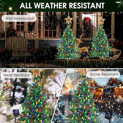 Solar Christmas Trees Decorations, Solar Powered Xmas Tree Lights Outdoor Waterproof with 50 LEDs and 8 Modes for Yard, Lawn, Pathway, Garden, Front Porch, Cemetery, Graveside Decor (2 Pack)