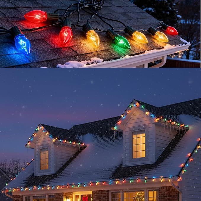 25 FT C9 Clear Multicolor Christmas String Light Outddor,Vintage Christmas Lights with 26 Edison Bulbs(1 Spare), C9/ E17 Base,Multicolor Lights for Xmas Tree Party Backyard Wedding Decor