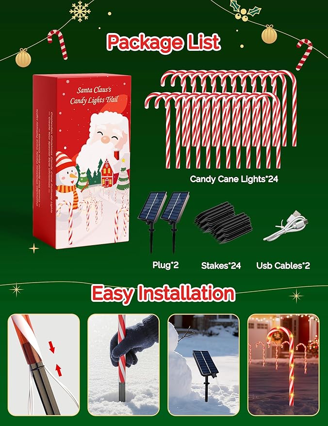 COOLWUFAN 24 Pack Solar Christmas Candy Cane Lights Outdoor Decorations, Christmas Pathway Lights with 168 Warm Lights, Waterproof Xmas Decor Marker Lights for Yard, Garden, Walkway, Lawn