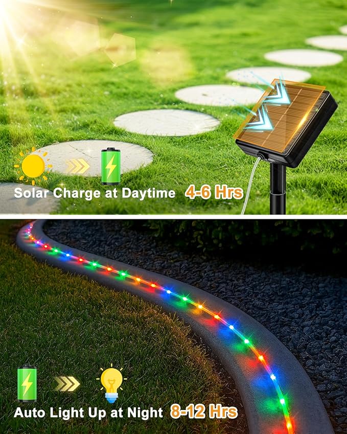 btfarm Solar Rope Lights Outdoor, 120LED 46FT Solar String Lights Outside Waterproof, 8 Lighting Modes Tree Tube Fairy Light Solar Powered for Garden Christmas Yard Party Decorations, Multicolor