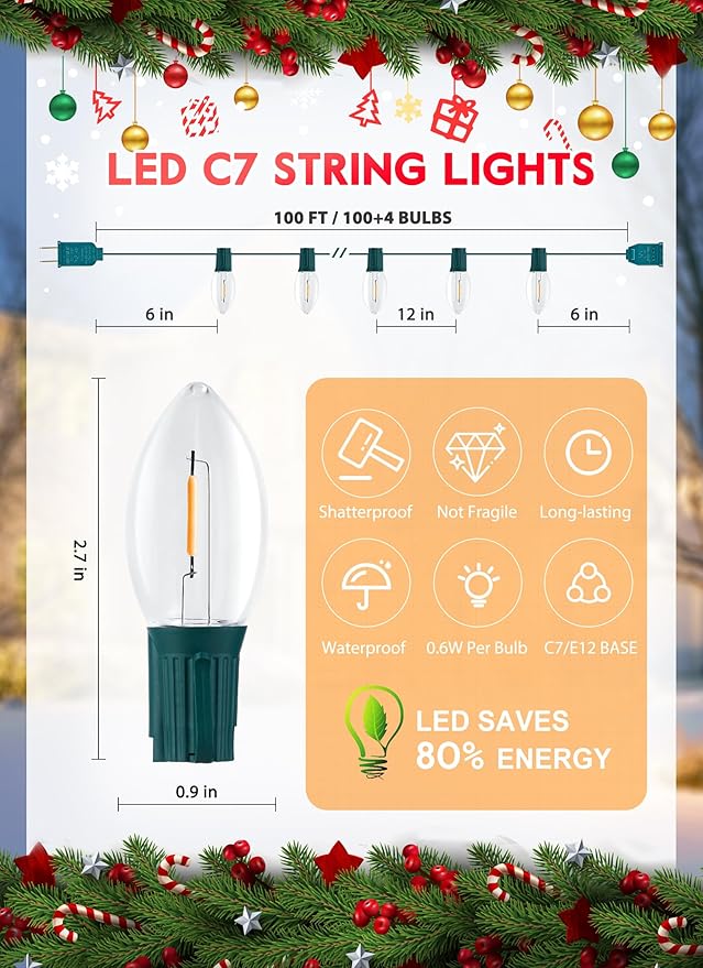 LED Christmas String Lights, 100FT C7 Vintage Christmas Lights with 104 Bulbs(4 Spare), Commercial Connectable Christmas Tree Lights for Xmas Holiday Roofline Garden Wedding Decor