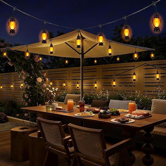 Flame String Lights Indoor Outdoor, 21FT Patio Lights with 10 Flickering Flame Bulb, Timer, Waterproof LED Outdoor Decorative Orange Lights for Patio, Yard, Bistro, Porch, Garden Decor