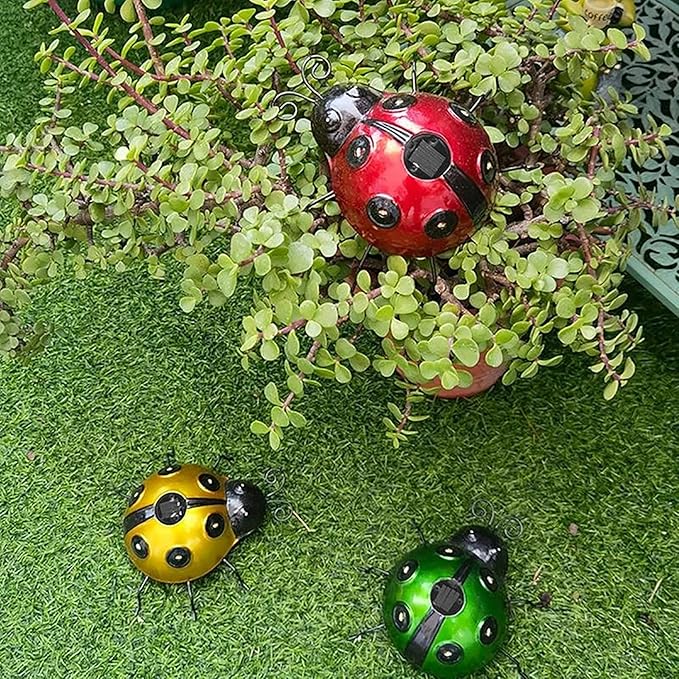 keeda Solar Ladybugs Garden Decor, Waterproof 5.5 Inch Metal Lady Bugs Cute Wall Art LED Garden Light Outside Decor | Lumora