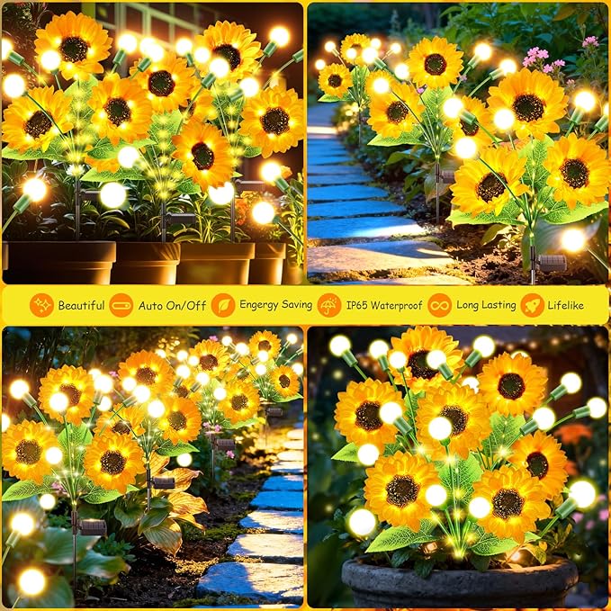 Garpar Garden Lights Solar Powered, Upgraded Bigger Solar Sunflowers with Swaying Firefly Lights, Brighter Waterproof Solar Yard Lights for Outdoor Garden Pathway Patio Lawn Backyard, Gift, 2Pack