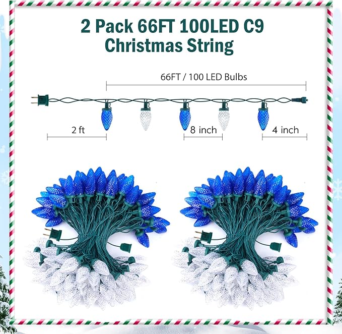 Brightown C9 LED Christmas String Lights, 2 Pack Total 132ft 200LED Outdoor Lights String, Plug-in Connectable Green Wire Lights, Waterproof Roofline Lights String for Outside Yard Christmas Holiday