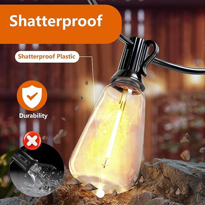 60FT Solar String Lights, Weatherproof Solar Powered Patio Lights, 3 Light Modes with Remote & USB Port, 15 LED Shatterproof Bulbs, Dimmable, Timer for Camping Backyard Cafe,Black