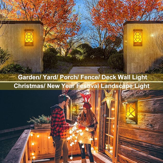 Solar Flame Lights Outdoor, Realistic 3D Flickering Flames with 66 Ultra-Bright LEDs - IP65 Waterproof Wall Mount Lanterns for Deck, Fence, Patio, Garden, Auto On/Off (4-Pack Value Set)
