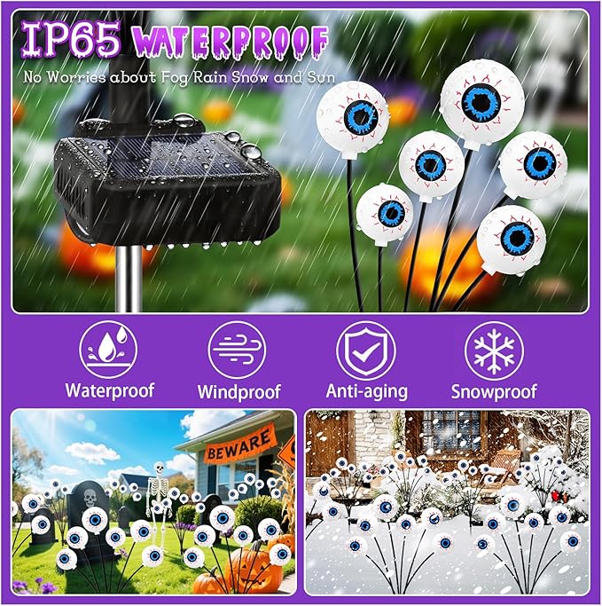 Purple Halloween Decorations Outdoor, 8 Pack 48 LED Solar Scary Eyeball Swaying Lights, Purple Solar Firefly Light Waterproof Outdoor Garden Lights for Halloween Yard Garden Lawn Party Flower Bed