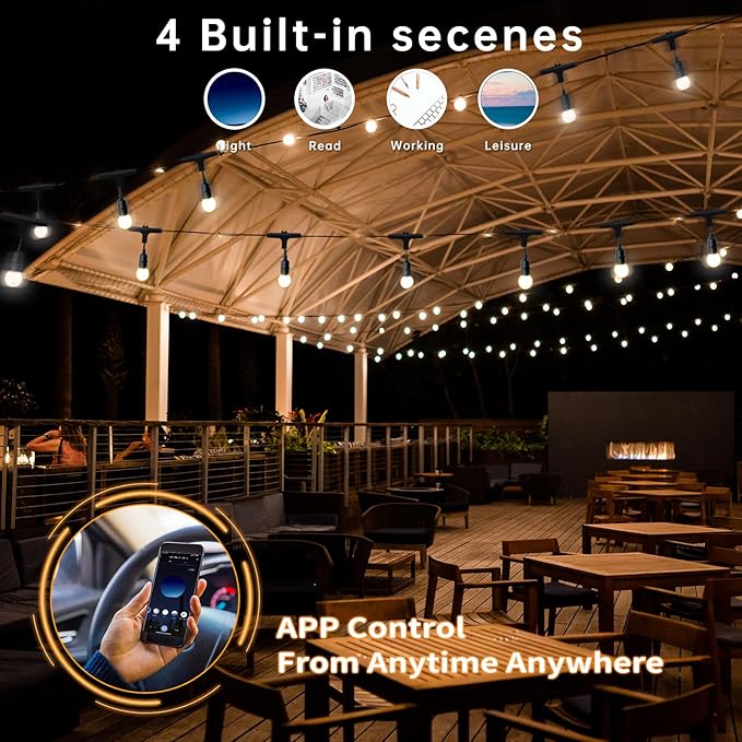Homevenus Outdoor String Lights Waterproof G50 Smart Globe 48ft-18bulbs Dimmable Warm White App Control 2.4GHZ WiFi Alexa Google Patio Cafe Balcony Backyard Porch