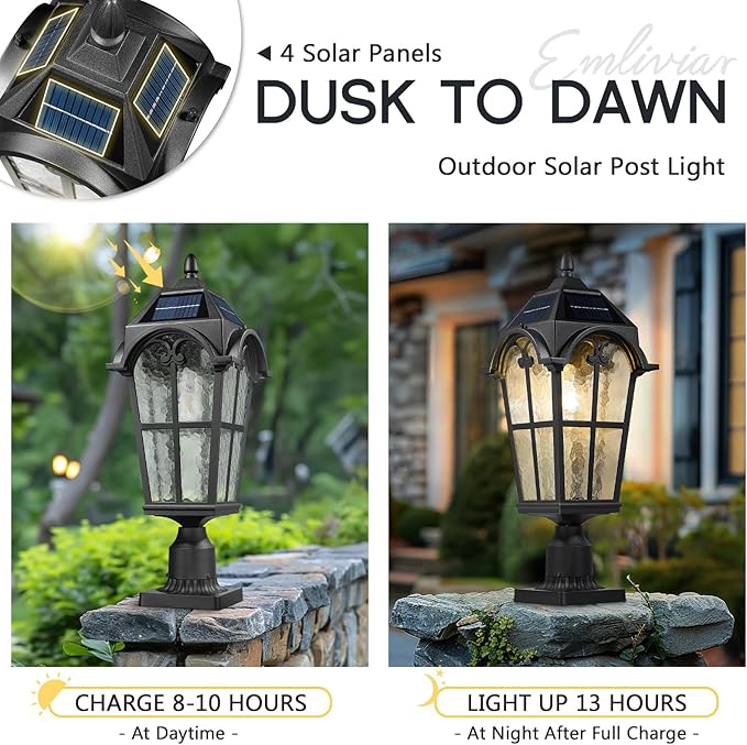 Emliviar Outdoor Solar Lamp Post Light in Black Finish, 22.1" Large Outdoor Lighting with Water Grain Glass Shade | Lumora
