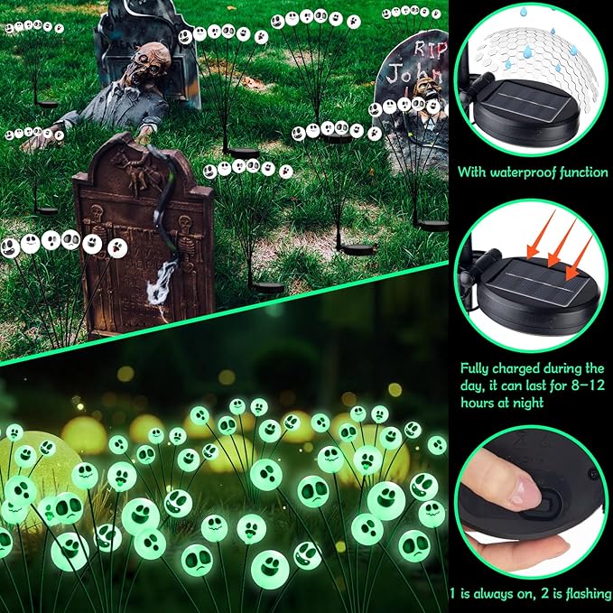 Tuanse 2 Pcs Outdoor Halloween Decorations Waterproof Halloween Solar Lights Scary Ghost Lights for Garden Yard Lawn Pathway (Green)