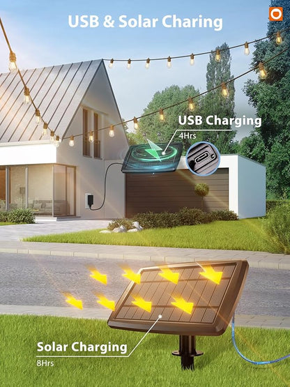 addlon 104FT(98FT+6) Solar String Lights Outdoor Waterproof with USB Port & Remote Control Solar Patio Lights for Outside Solar Powered with 52 LED Dimmable Bulbs for Porch Garden Deck Halloween