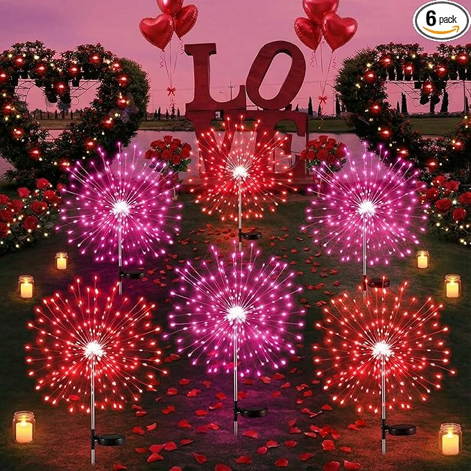 6 Pcs Valentine's Day Solar Firework Lights Solar Lights Outdoor Garden 120 LED 8 Modes Waterproof LED Sparkler Outdoor for Valentines Patio Yard Pathway Walkway (Red,Pink)