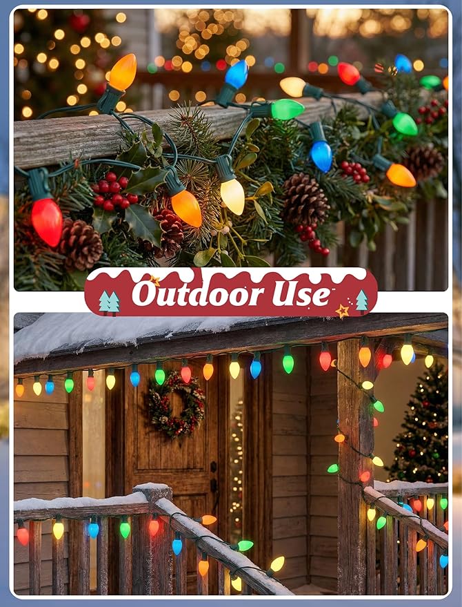 C7 Incandescent Christmas Lights Outdoor,Colored Christmas Tree Lights with 27 Glass 5w Bulbs(2 Spare),Vintage Xmas Lights Outdoor for Holiday/Paty/Patio/House Decor,E12 Base,Green Wire