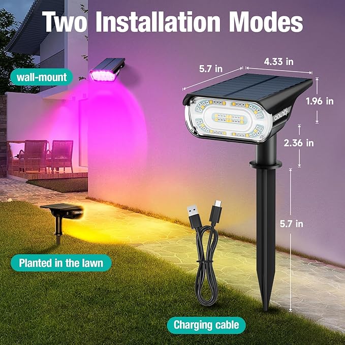 68 LEDs RGB Solar Spot Lights, 1000 Lumens 9 Lighting Modes Color Changing Solar Outdoor Lights, IP67 Waterproof | Lumora