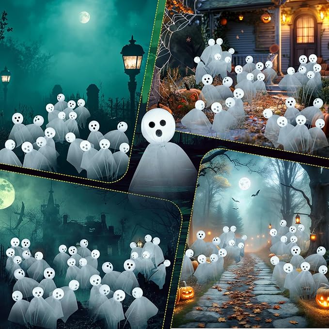 VIHOSE 2 Packs Halloween Solar Lights Outdoor 12 LED Solar Ghost Pathway Lights Waterproof Spooky Ghost Path Light Outdoor Halloween Decorations for Outside Garden Lawn Yard Decors (White)