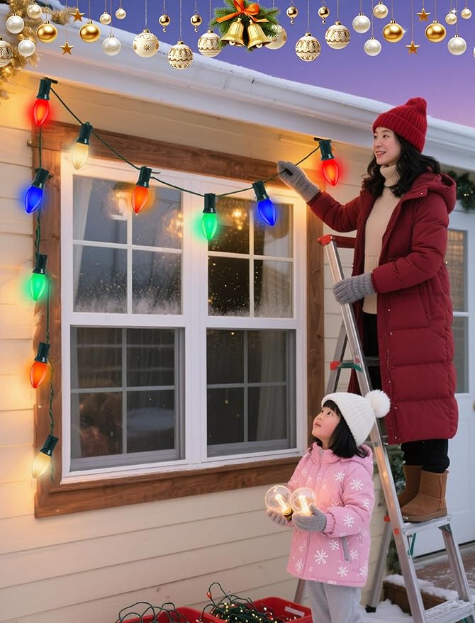 Multicolor C9 Christmas Lights Ceramic, C9 25Ft Vintage Incandescent String Lights with 27 Opaque Bulbs (2 Spare) for Christmas Tree Patio Roofline Outdoor Indoor Holiday Xmas Decorations