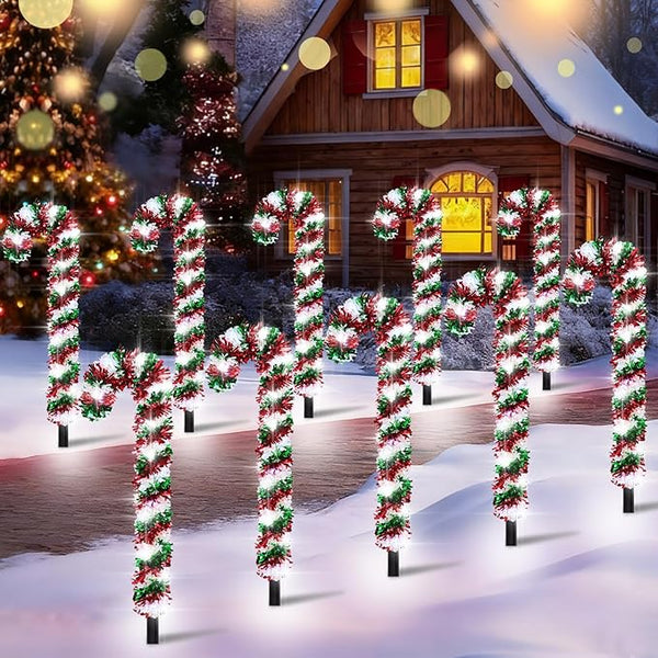 10 Pack Christmas Candy Cane Lights, Tinsel Candy Cane Christmas Decorations Pathway Lights with 8 Modes & Timer | Lumora