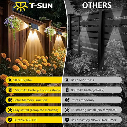 T-SUN Solar Fence Lights, 6 Pack Fence Lights Solar Powered 3000K Warm White, IP65 Waterproof Solar Wall Light Outdoor for Yard Step Patio Railing Pool Porch