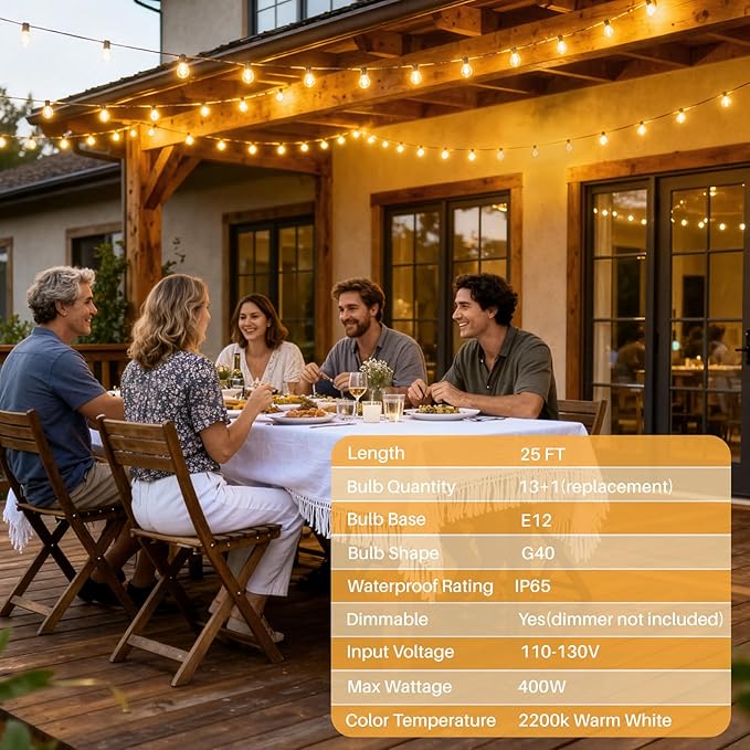 25 FT Outdoor String Lights G40 Globe Shatterproof Patio Lights,13 Plastic Edison Bulbs(1 Spare) IP65 Waterproof Dimmable LED Bulbs for Backyard Porch Balcony Party Decor, E12 Base, 2200K