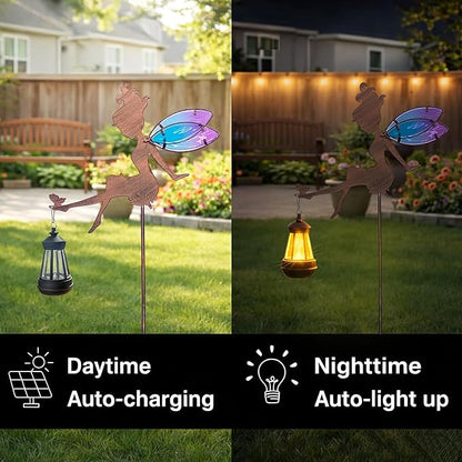 Solar Fairy Garden Statue Floral Figurine Light, Outdoor Sculpture Decor for Patio Yard Lawn, Festival Gift