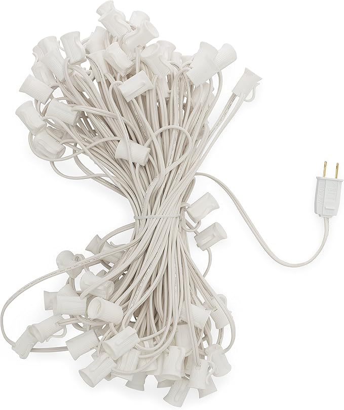 HLO Lighting C7 Light Strings | 50' White Cord with 12" Socket Spacing, E12 Light Stringer for C7 Christmas Lights | Lumora