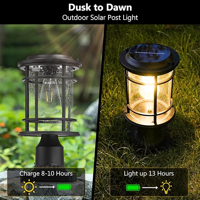 Emliviar 13 Inch Outdoor Solar Post Light, Dusk to Dawn Post Lighting Fixture with Remote Control, Removable Pier | Lumora