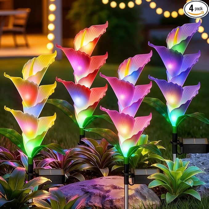 Solar Flowers Lights Outdoor: 4 Pack Color Changing Calla Lily Garden Lights for Yard Pathway Decorations - Waterproof PU LED Solar Powered - Perfect Brithday Gifts for Women Mom Grandma