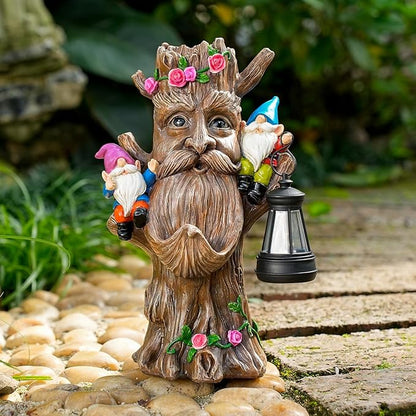 Whimsical Tree Ent Garden Statue with Gnomes – Solar Powered Outdoor Decor with LED Lantern, Funny Yard Ornament for Lawn, Patio, Porch, or Garden