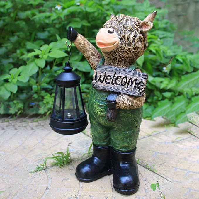 Solar Garden Decor Statues: Handmade Resin Statue with LED Light,Highland Cow Figurine Outdoor Garden Decor Unique | Lumora